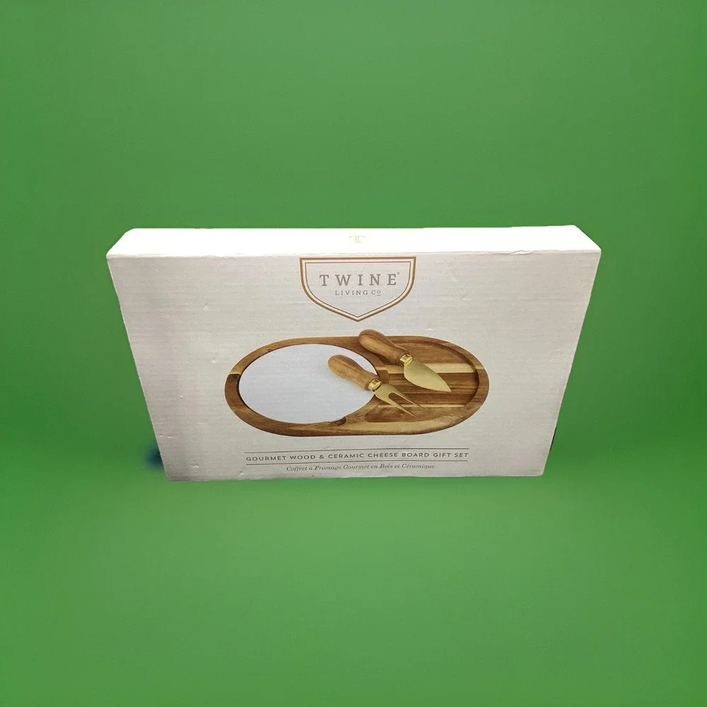 Twine Living Co. Gourmet Wood Ceramic Stainless Steel Cheese Board‎ Gift Set NIB
